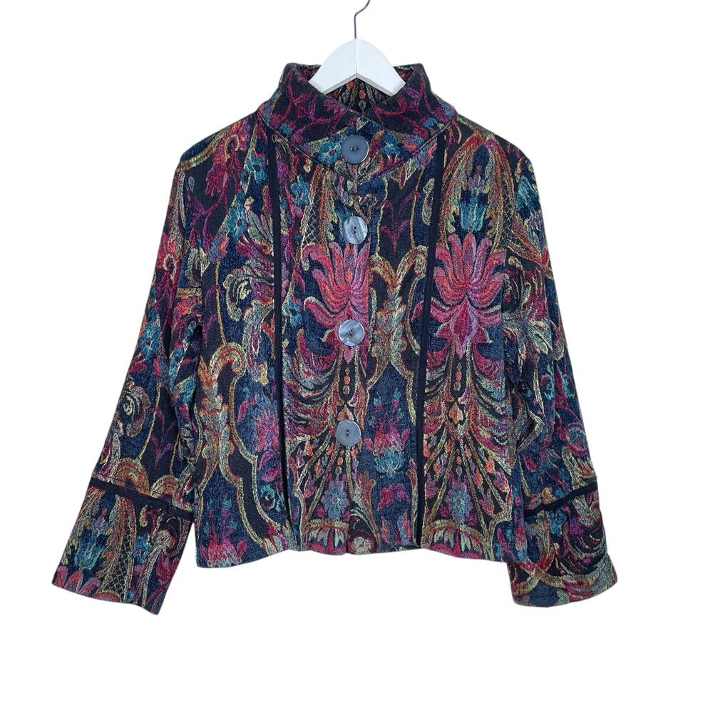 Habitat Clothes to Live in Sz XS/S Black Multicolor Tapestry Button Front Jacket